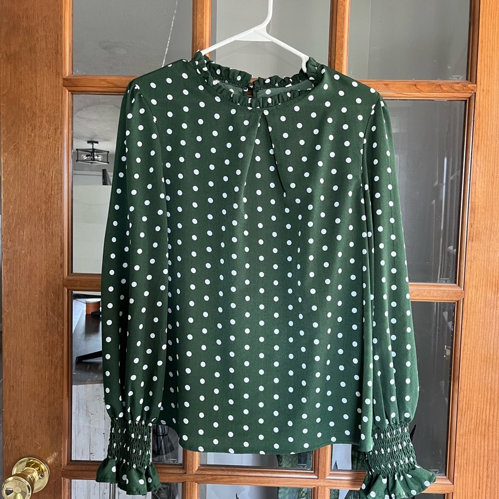 Forest green and white polka dot blouse
